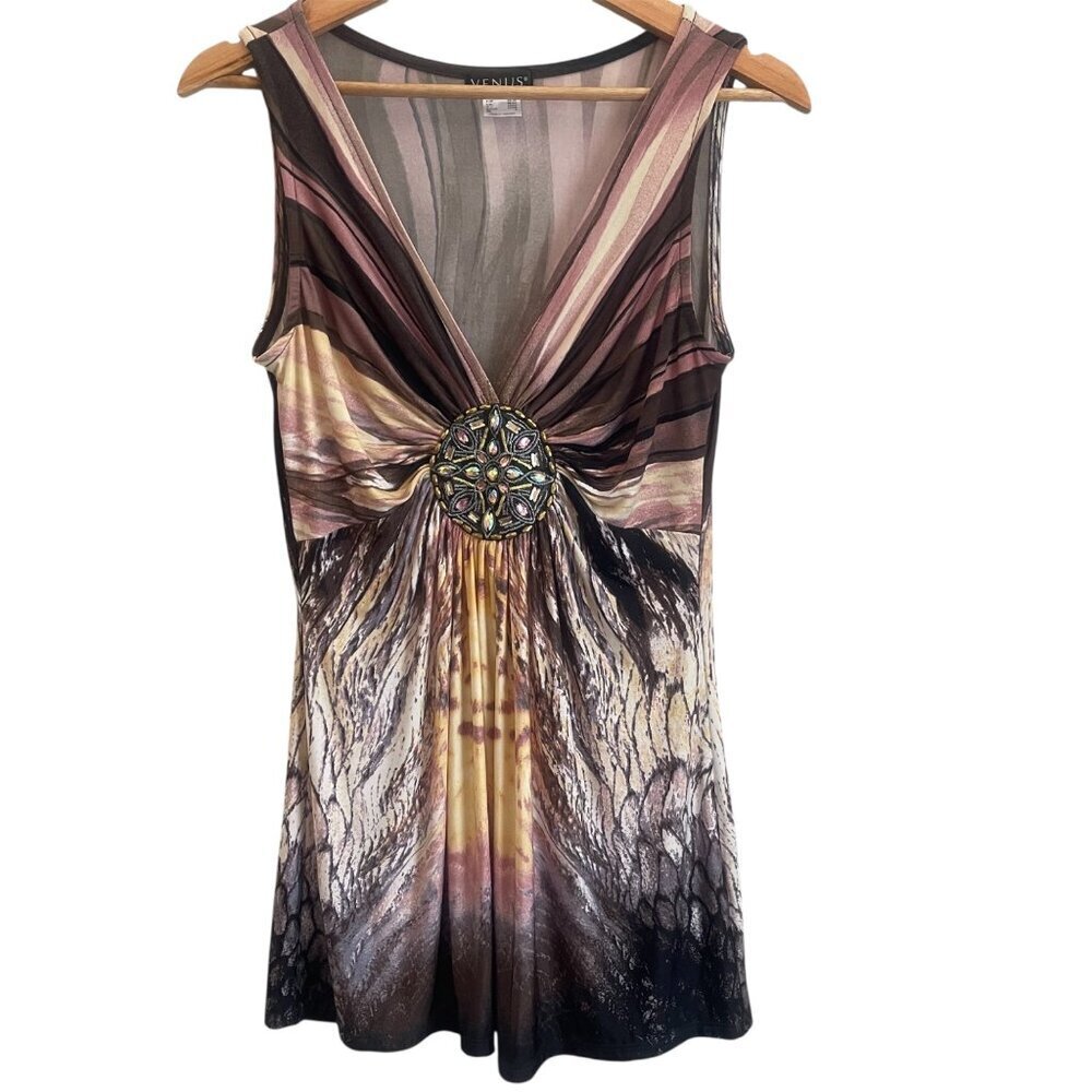 Venus Women Sleeveless Tunic Size S Y2K Festival Beaded Boho Abstract Glam Party